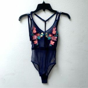 Topshop Navy Sheer Bodysuit with Floral Design UK 10 US 6